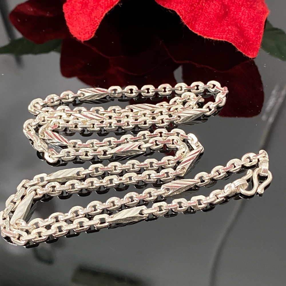 925 Sterling Silver Cable and 3 Side Diamond Cut Bar Chain